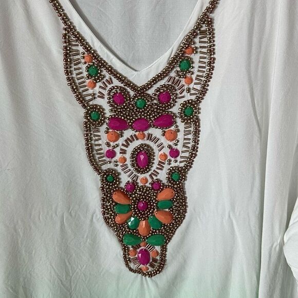 CHICO'S Embellished Kurta Tunic Top Womens 2 Emerald Ombre Bohemian Resortwear - Picture 2 of 13